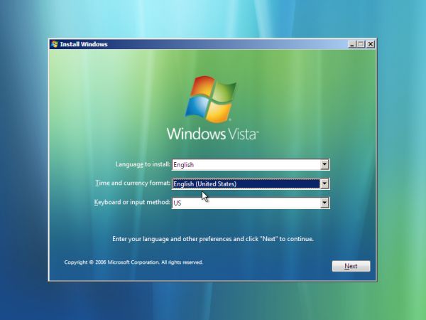 Windows Vista : première étape de l'installation