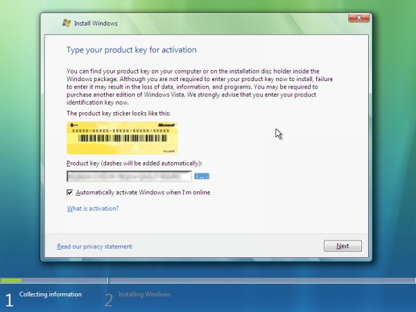Windows Vista : troisième étape de l'installation