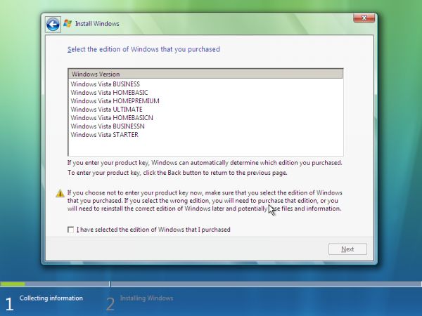 Windows Vista : quatrième étape de l'installation