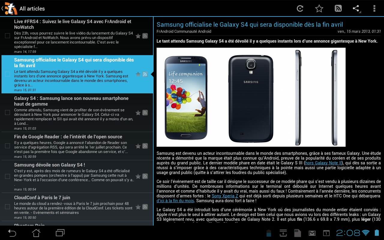 Interface tablette Android de Tiny Tiny RSS