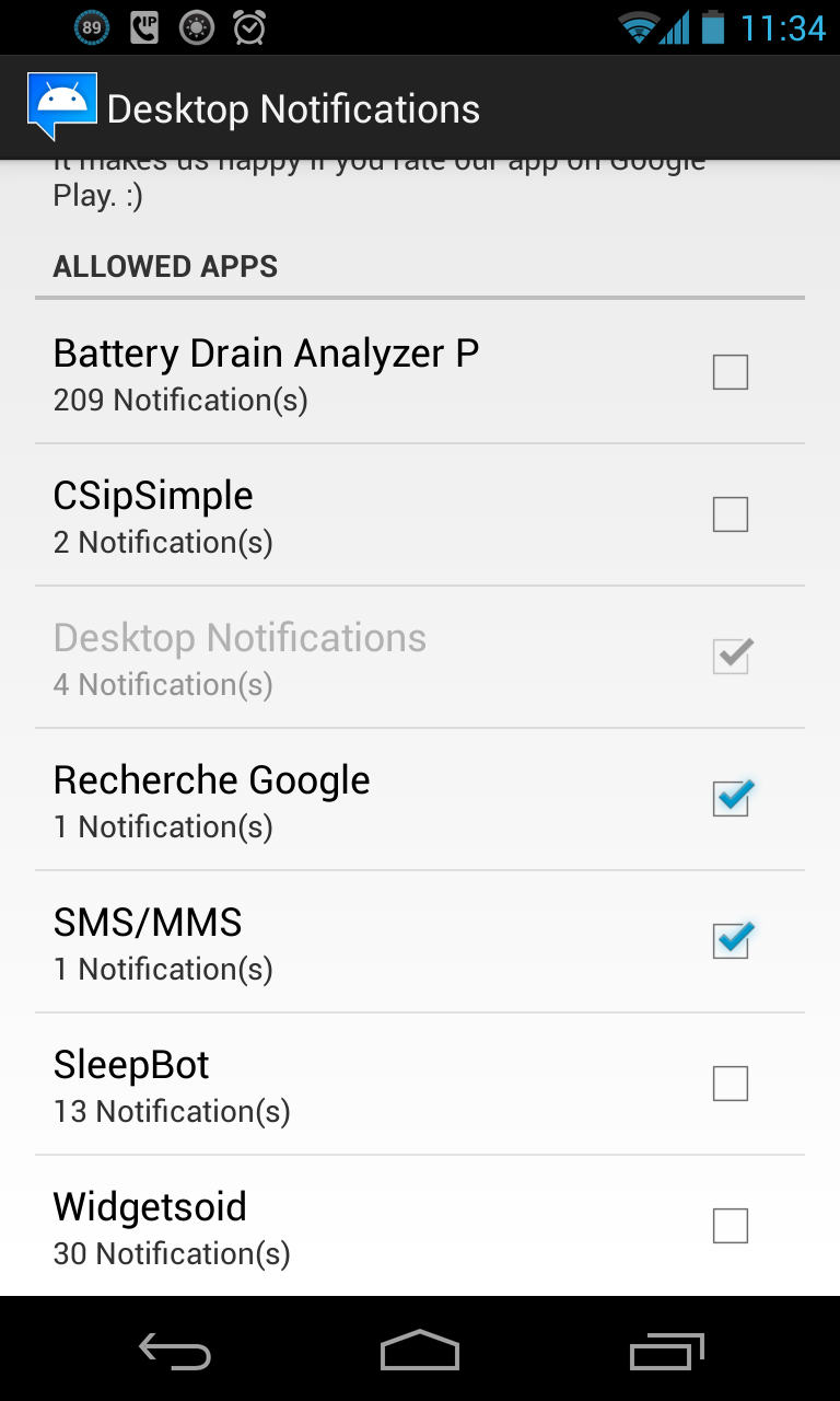 Opitons de l'application mobile