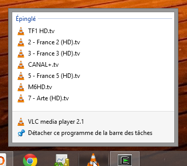 Jumplist avec chaînes de TV
