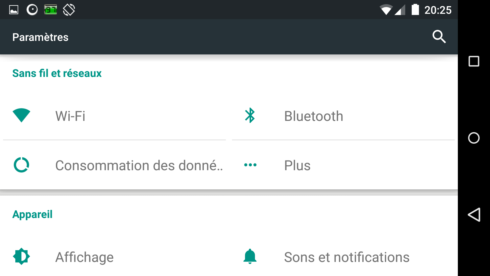 Menu Paramètres de Lollipop en mode paysage