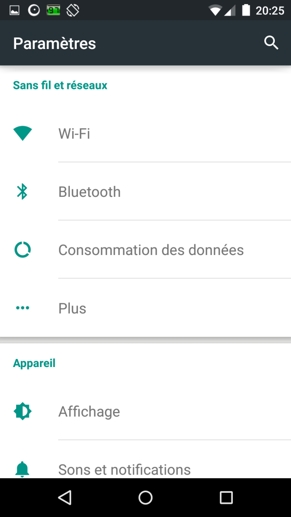 Menu Paramètres de Lollipop