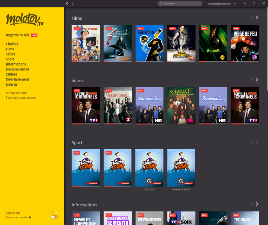 Écran d'accueil de Molotov.tv
