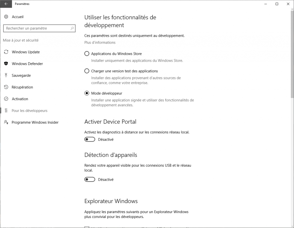 Windows 10 : mode développeur