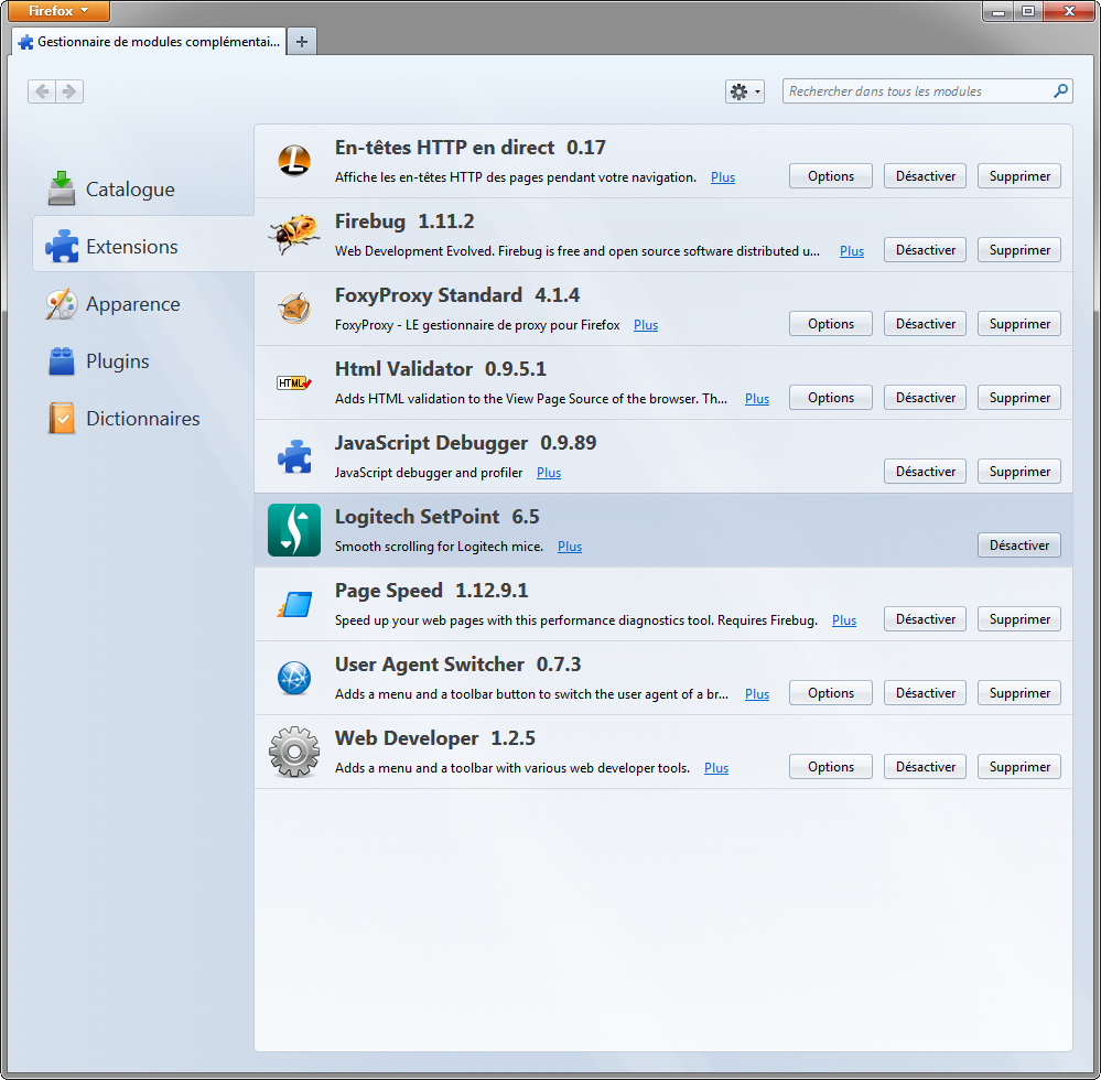 Firefox : gestionnaire d'extensions