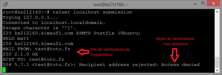 Exemple de session SMTP infructueuse avec un serveur n’assurant pas le relais