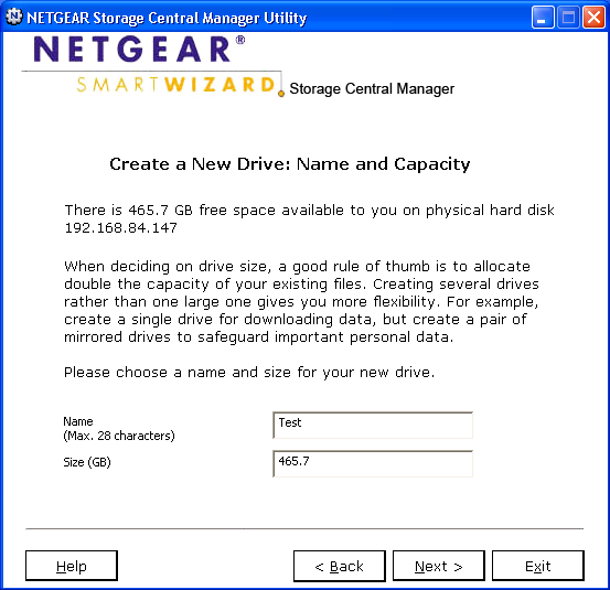 Netgear Storage Central Manager Utility : paramètres du volume