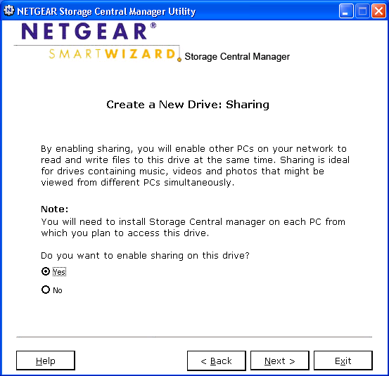 Netgear Storage Central Manager Utility : partage du volume